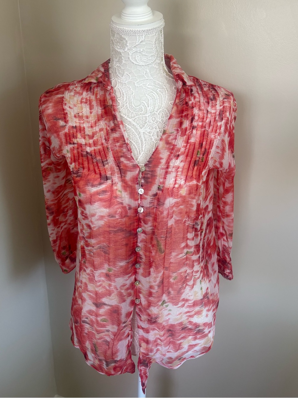 Vintage Sheer 100% Viscose Pintuck Blouse Pink Watercolor M